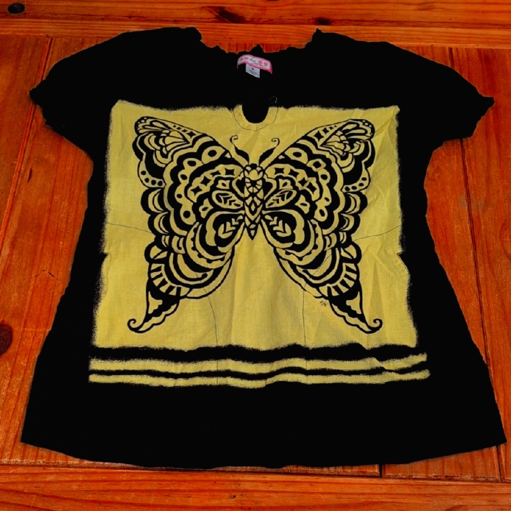 Koi By Kathy Peterson Black And Yellow/Green Butterfly Print Scrub, Size Small